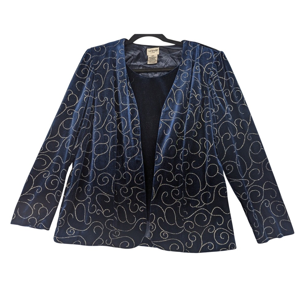 Liz Baker Petite Navy Velvet Brocade Swirl Jacket Blazer‎ 12P